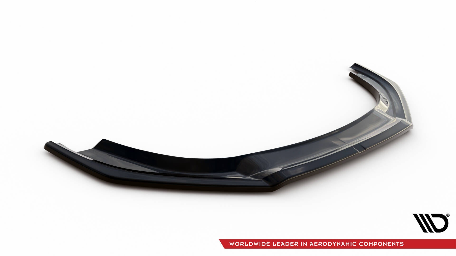 Front splitter til VW Golf R MK6 V.2 i sort, glanset plast sett skrått ovenfra mot hvit bakgrunn.