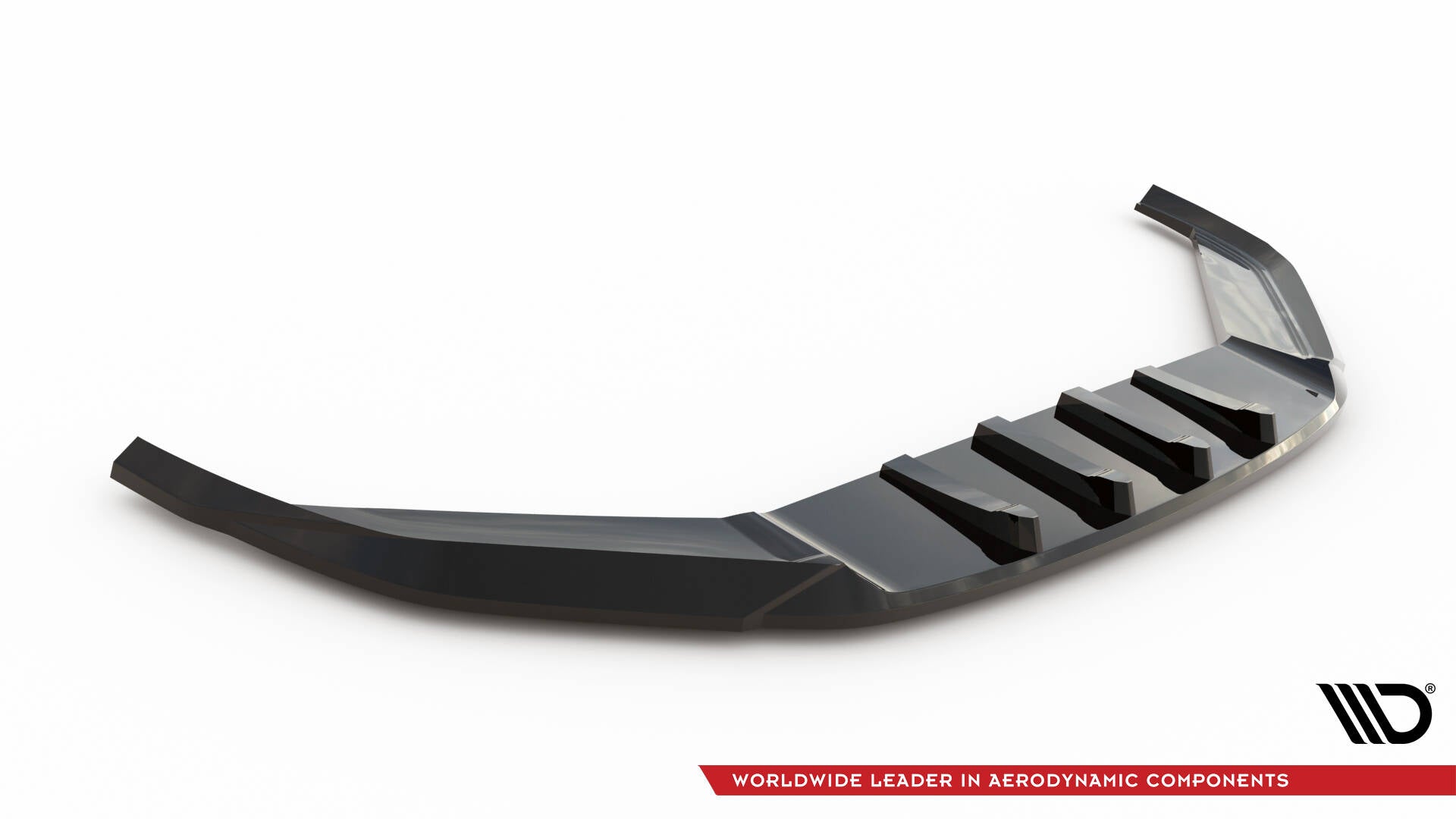 Front splitter til VW Passat GT B8 Facelift V.2, svart glanset plast med aerodynamiske ribber, sett ovenfra.