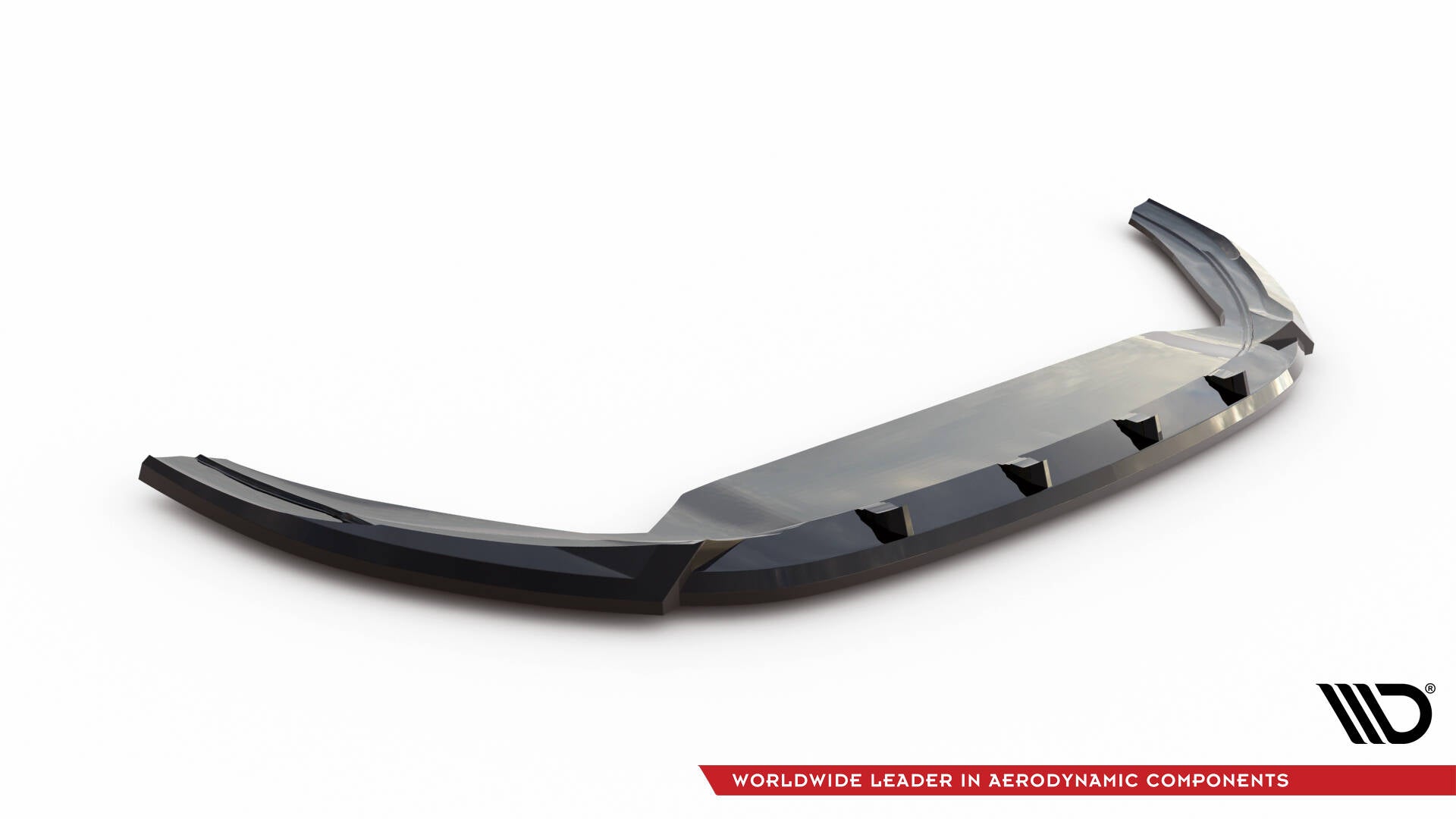 Front splitter til VW Polo GTI MK6 Facelift V.2 i sort, glanset plast med seks utstikkere, skrå vinkel.