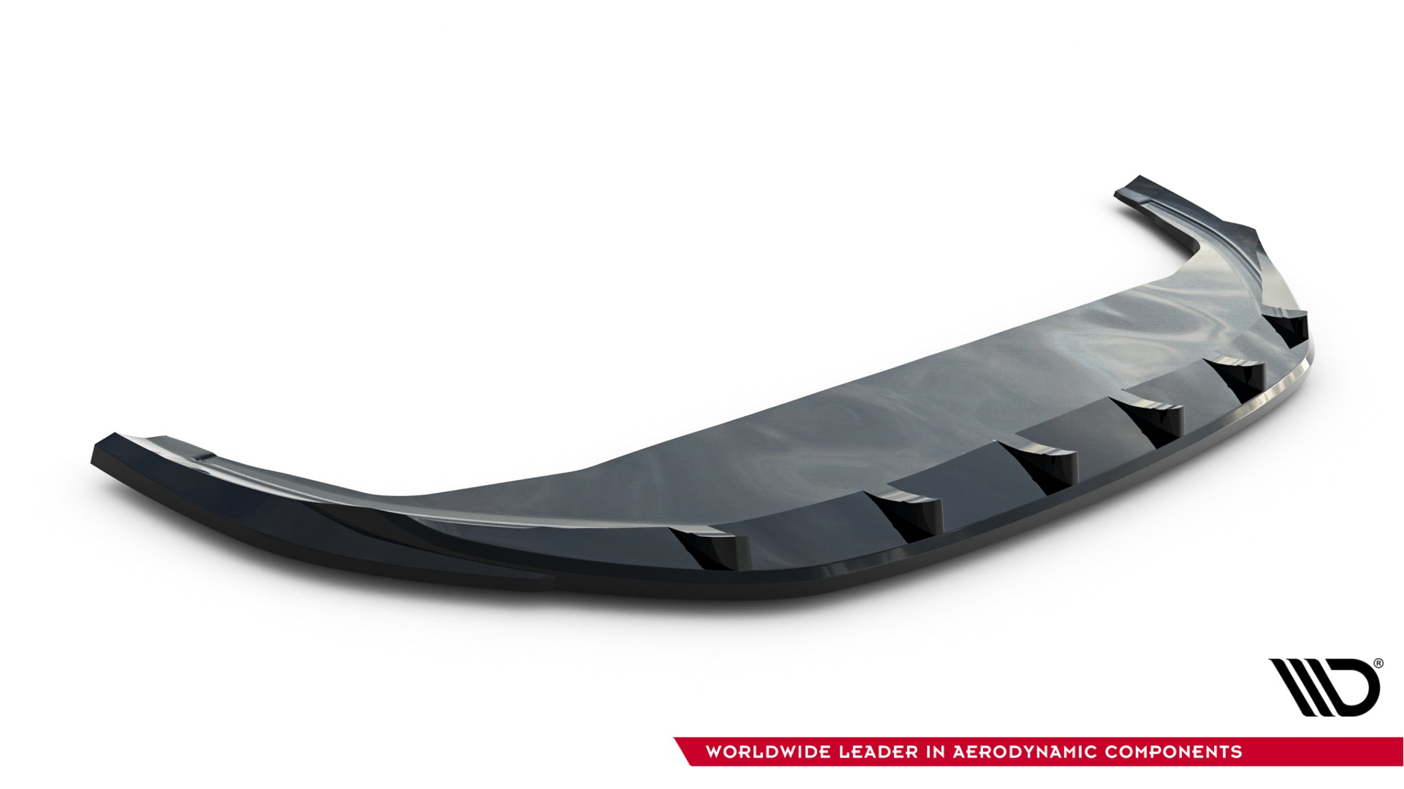 Front splitter til VW Tiguan MK3 V.2 i sort blank plast med markerte finner, sett forfra og ovenfra.