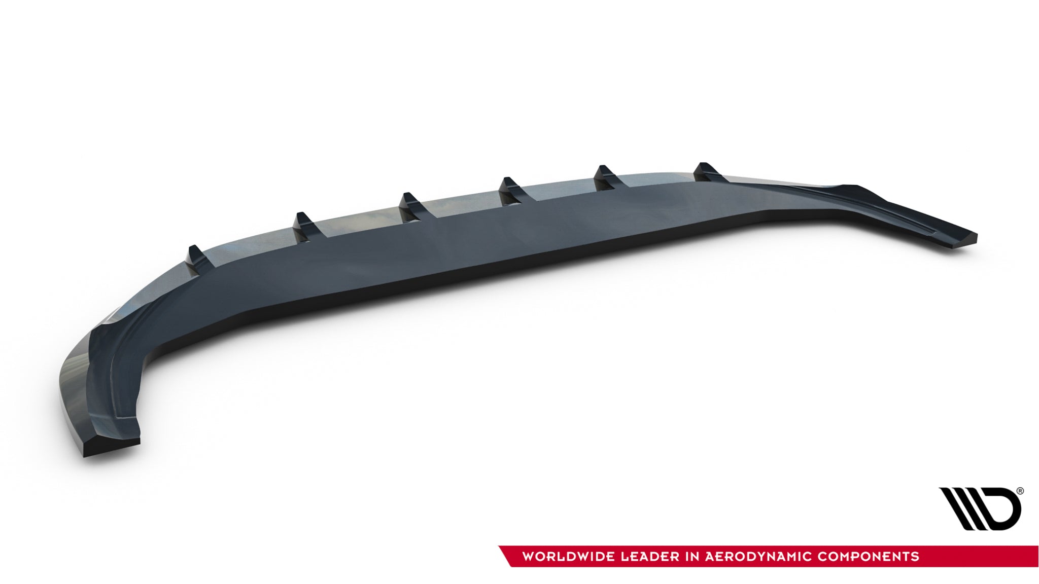 Front lip VW Tiguan MK3 V.2 svart spoiler med vertikale finner sett skrått ovenfra mot hvit bakgrunn.