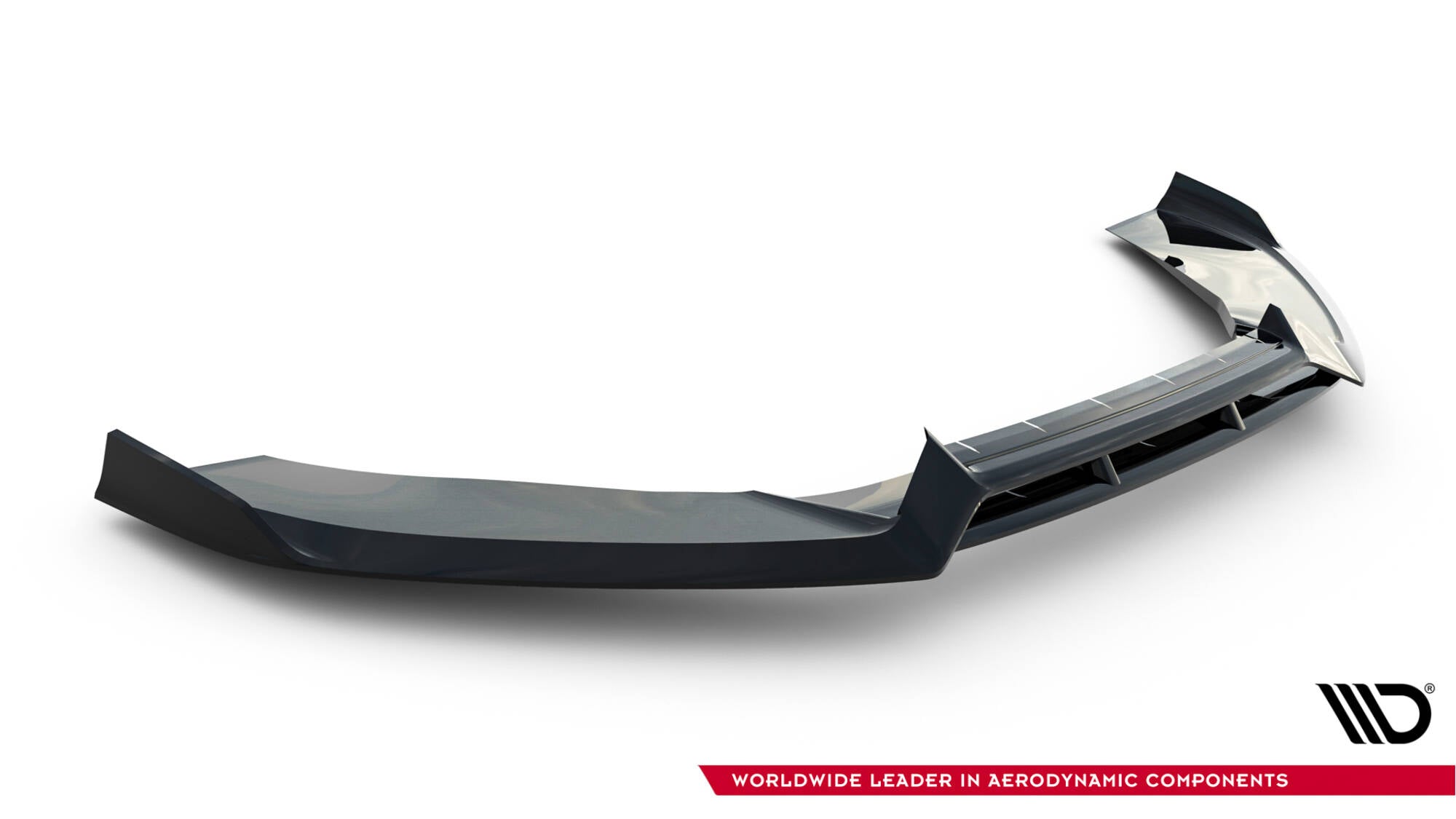 Front splitter for Audi A6 C7 S-Line, sort plast med markerte kanter og luftkanaler, sett fra skrå vinkel.