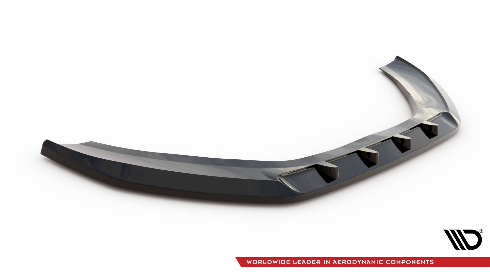 Front splitter Audi A6 C7 V.3 i sort glanset finish med aerodynamiske finner, sett skrått forfra.
