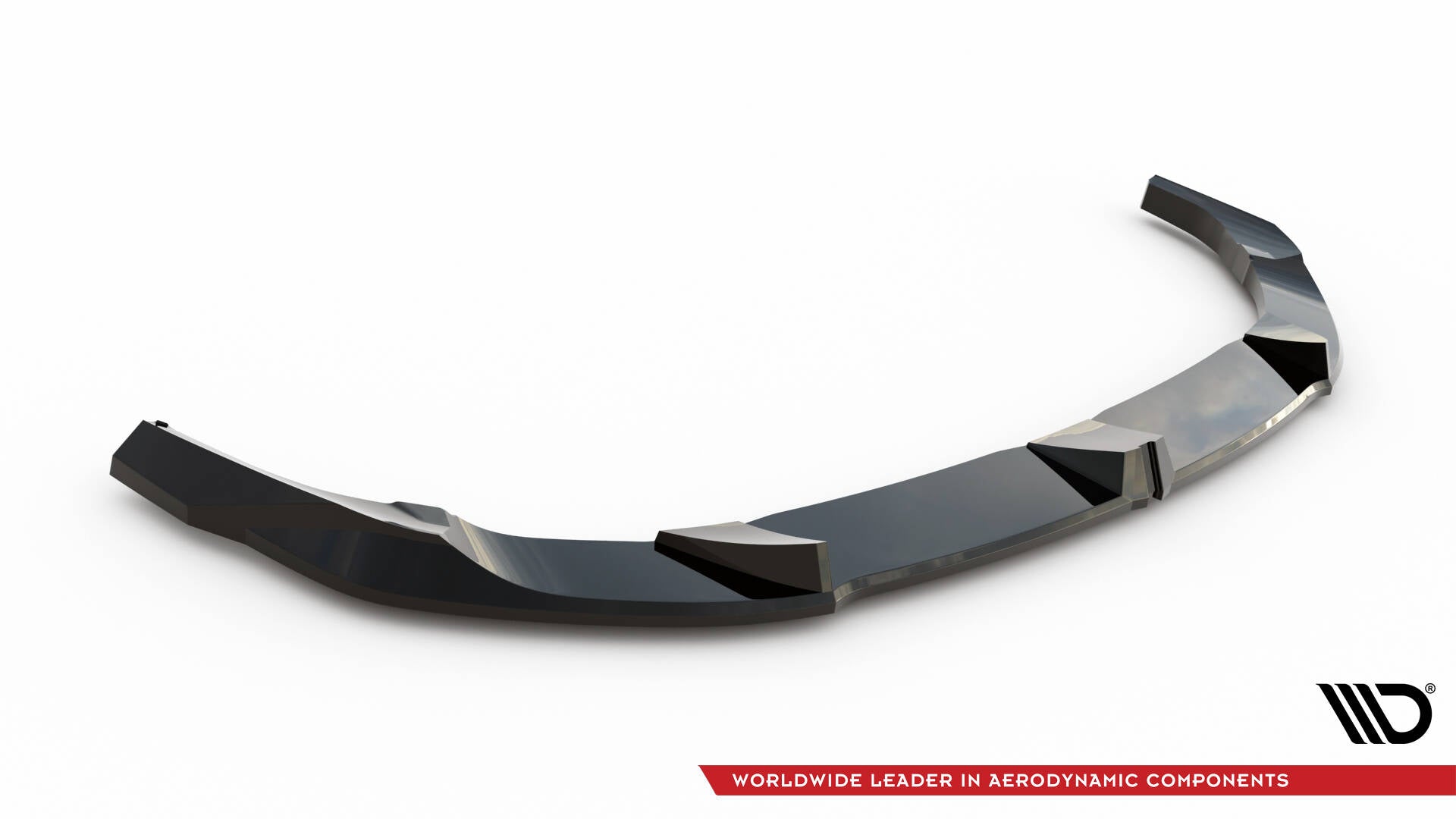 Front splitter til BMW F70 M135I V.3 i sort, glanset finish med markerte vinkler mot hvit bakgrunn.