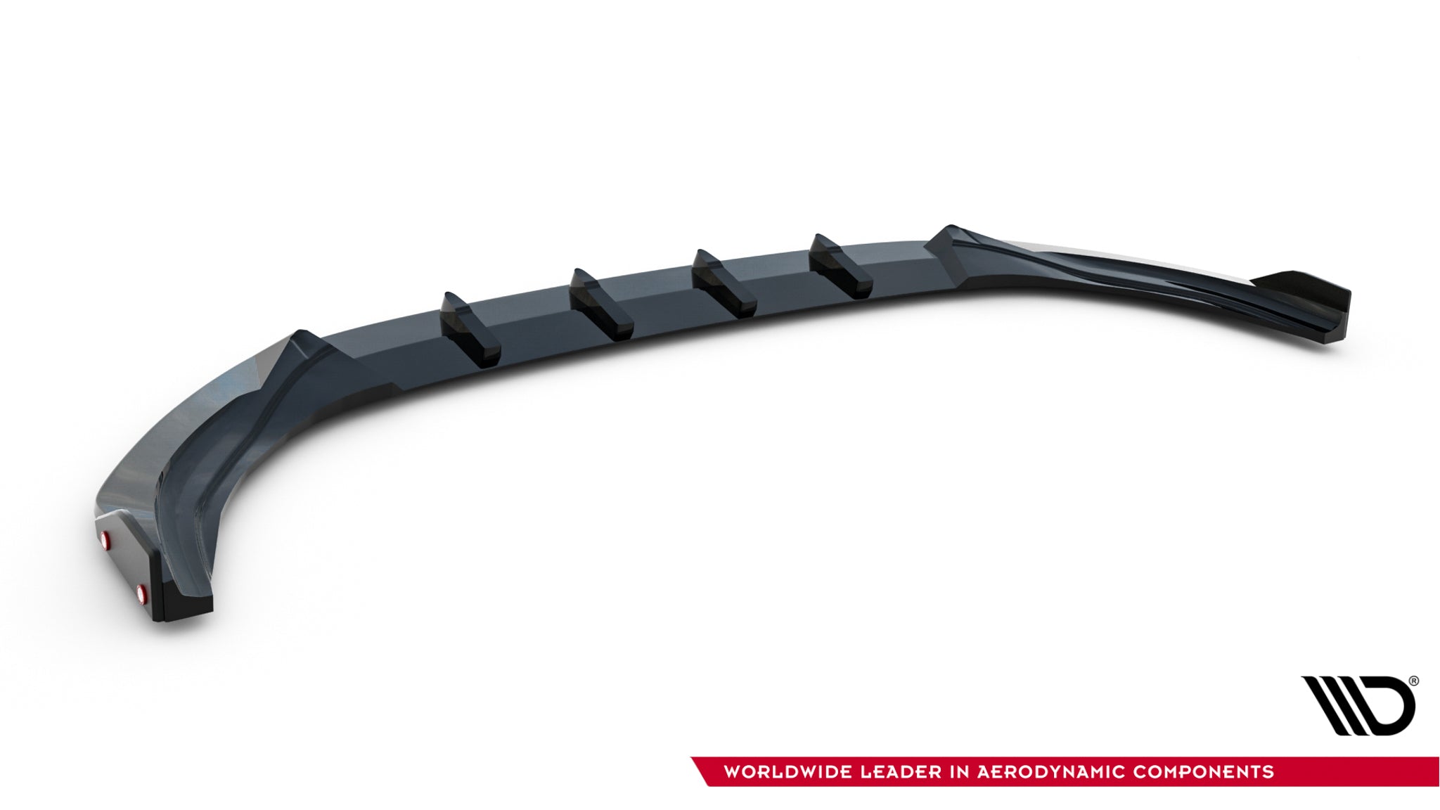 Frontspoiler VW Golf R MK8 Facelift 10mm V.3 med aerodynamiske finner, glanset svart overflate.