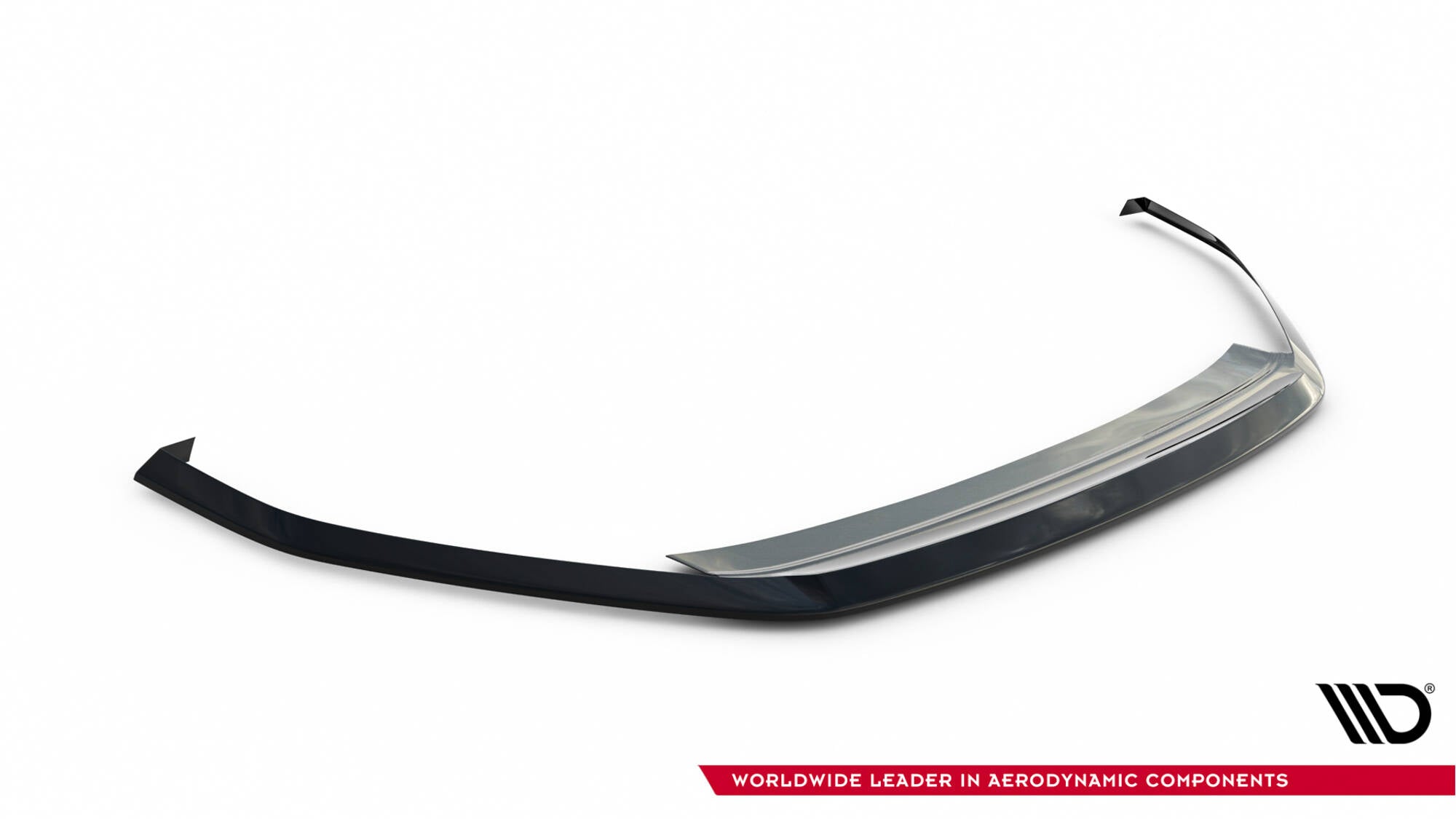 Front splitter til VW Golf GTI MK7 Facelift V.3, sort blank med buet form, sett skrått ovenfra.