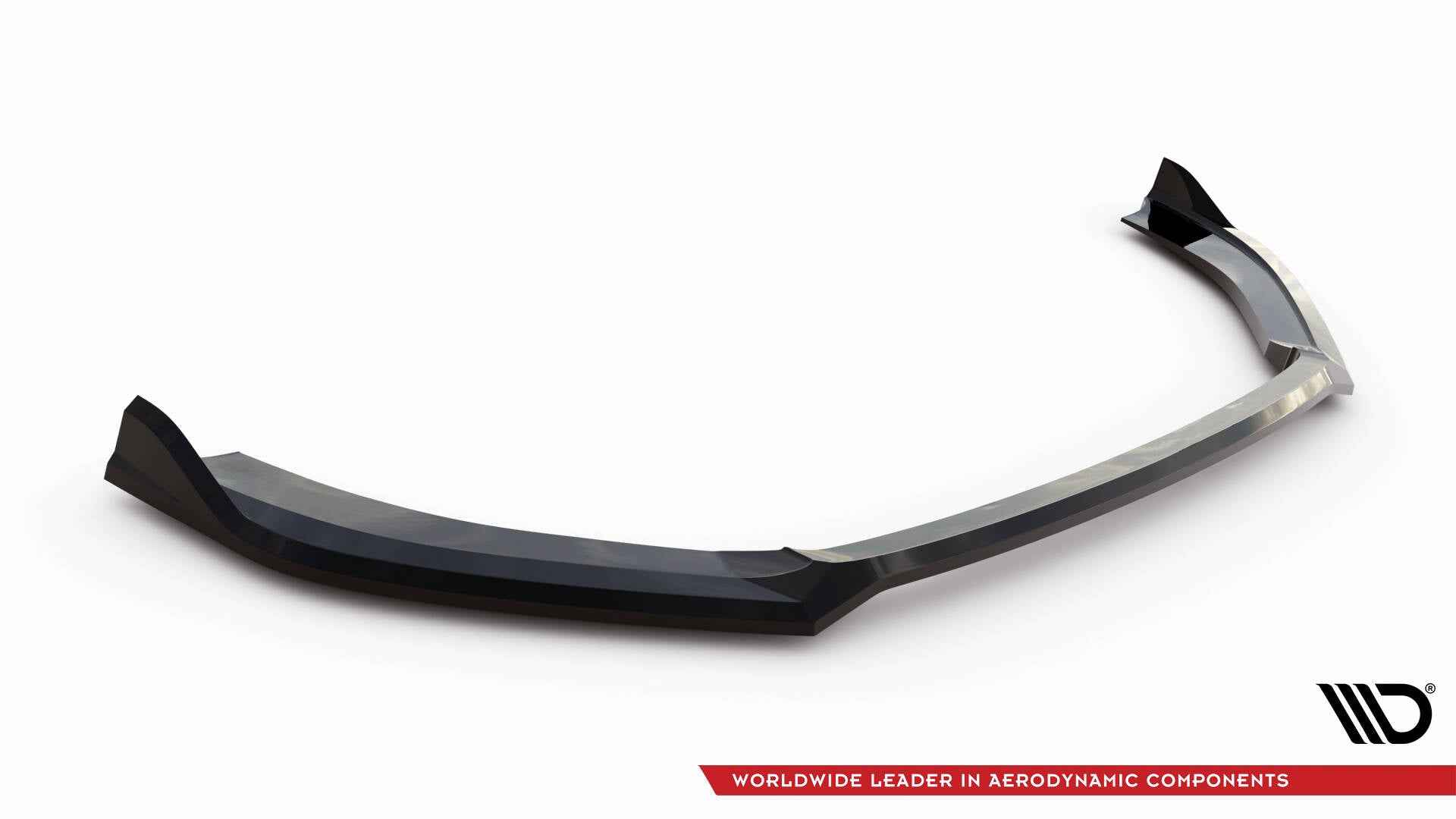 Front splitter Audi RS3 Sedan 8V Facelift V.4 i svart blank plast sett skrått forfra mot hvit bakgrunn.