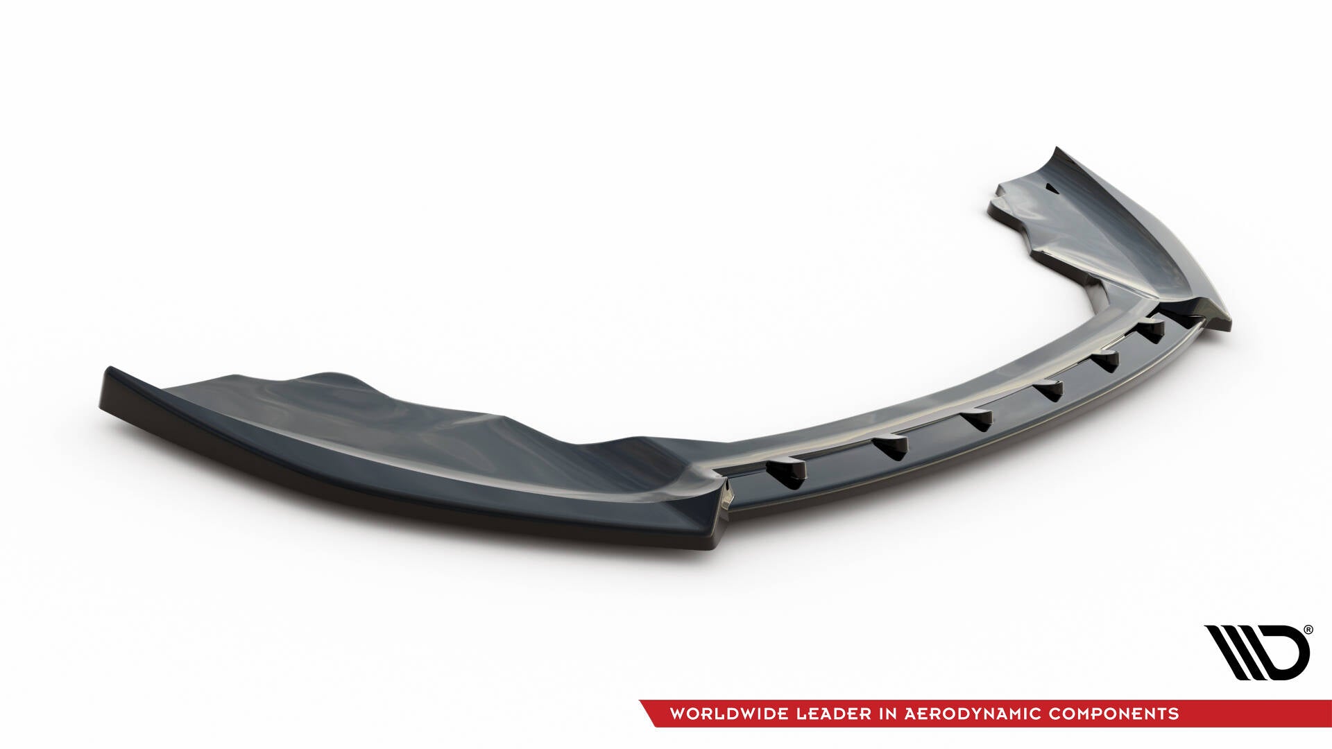 Front splitter til Ford Fiesta St MK7 Facelift V.4 med aerodynamiske fester, sett ovenfra mot hvit bakgrunn.