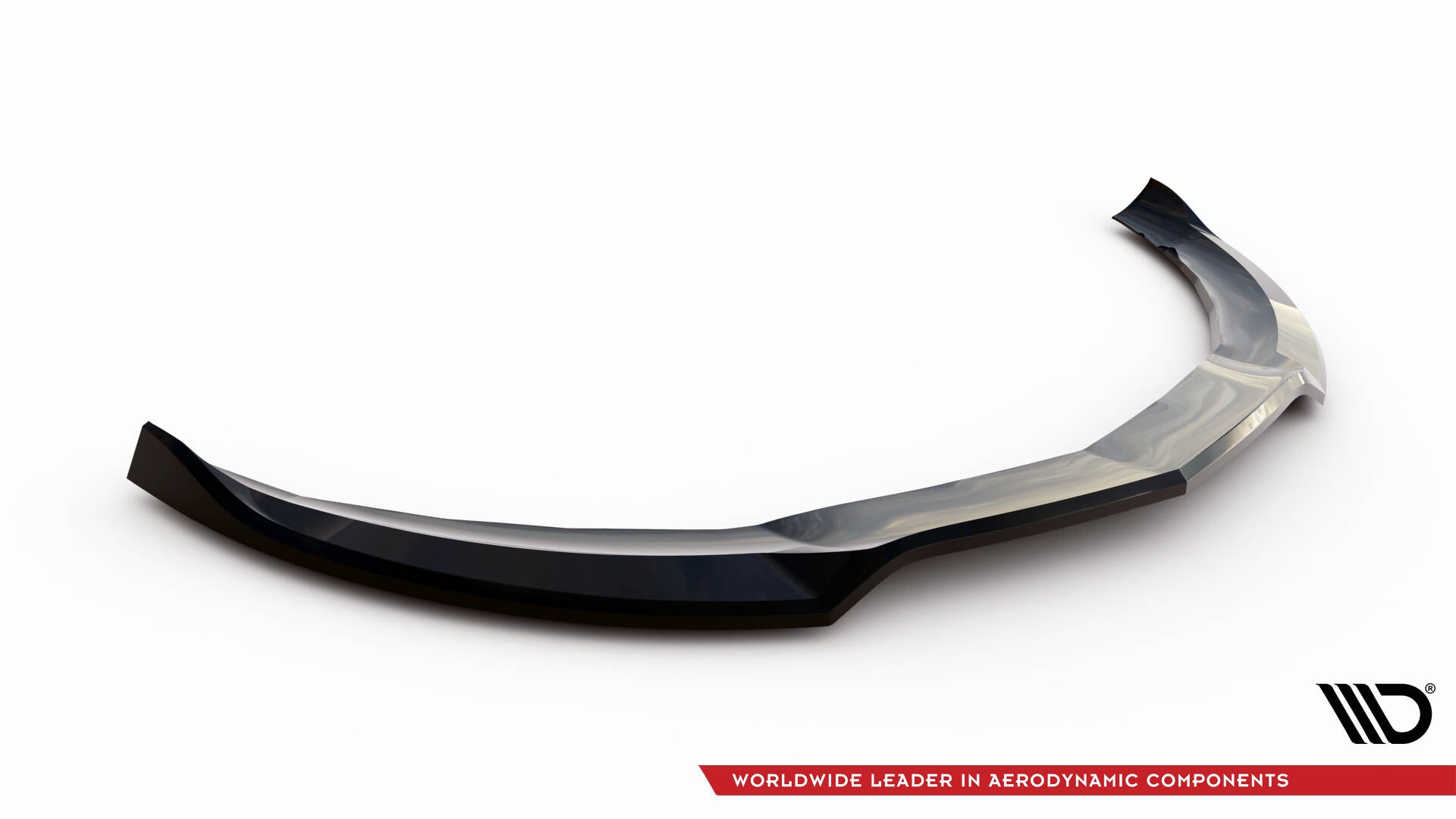 Front splitter til Mercedes W176 A45 AMG V.4 i sort glanset finish, skrå vinkel mot hvit bakgrunn.