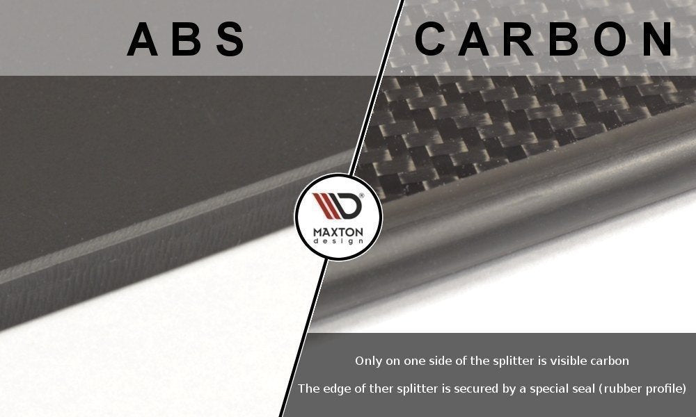 Frontleppe VW Golf 7 R sammenligning av matt svart plast og glanset karbonfiber med gummilist.