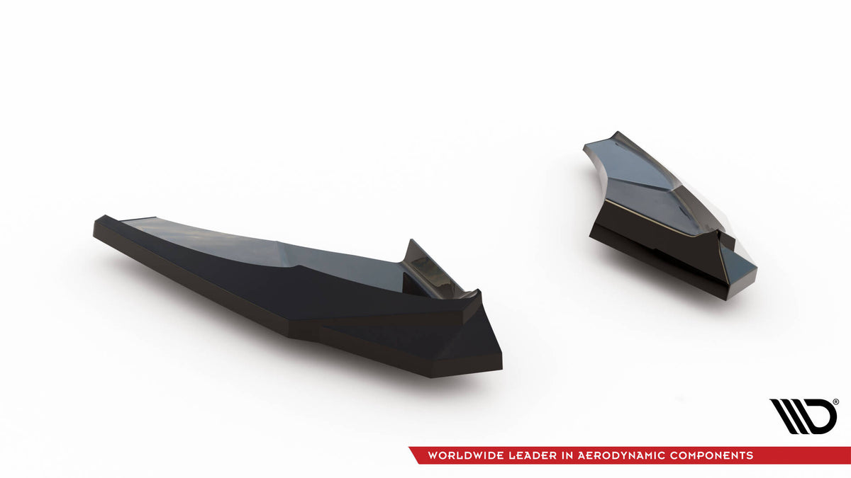 Sort bakre sideskjørt-splitter V.1 for Audi S3 Sportback Facelift 8Y sett fra skrå vinkel