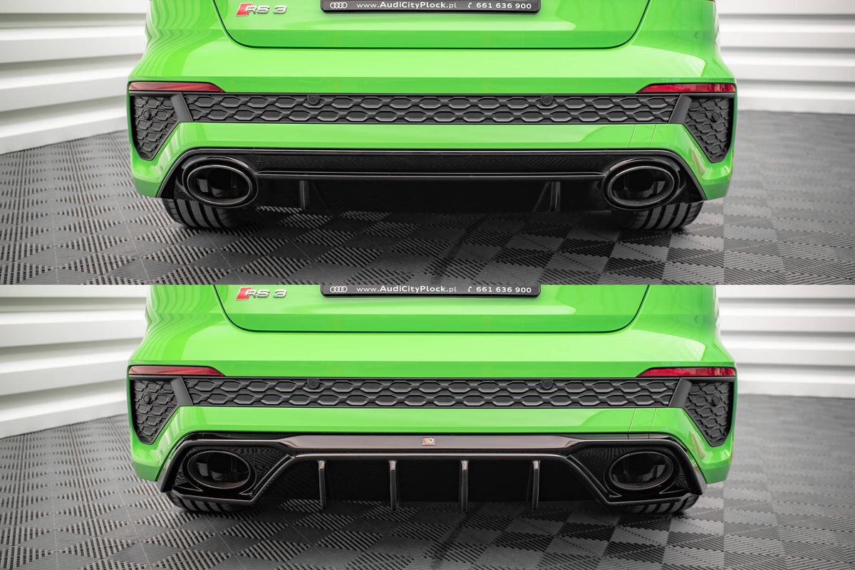 Designdetalj på diffuser Audi RS3 8Y med fokus på eksosåpninger og skarpe linjer som matcher bilens sportslook