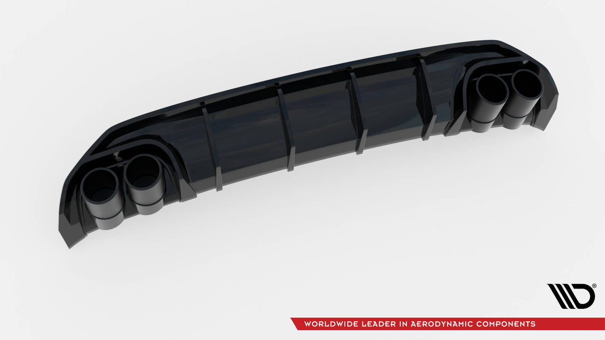 Nærbilde av sportsdiffuser og doble eksosender for Audi A3 8Y S-Line Sedan i høyglans svart