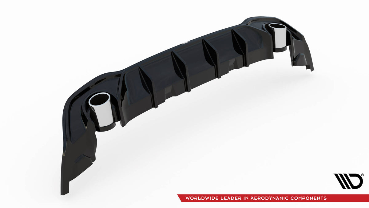 Diffuser + Eksosender til VW Golf 8 GTE / R-Line Facelift – nærbilde av overflaten med blank svart finish
