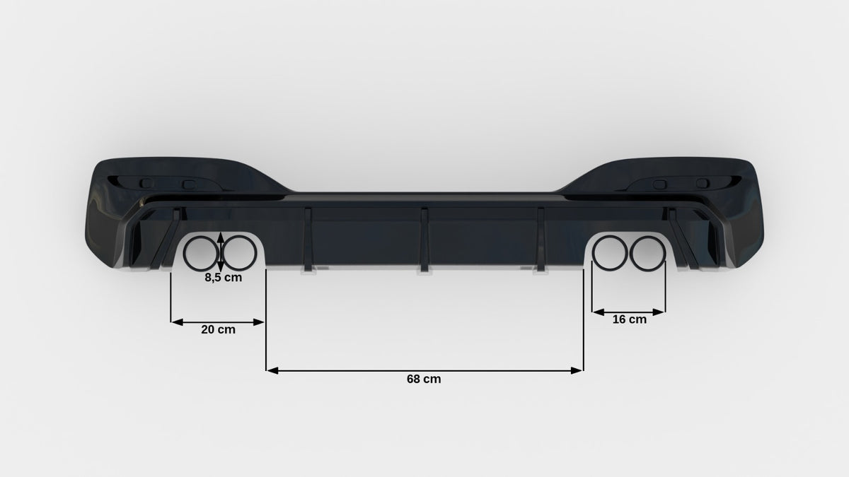 Skrått bakperspektiv av diffuser V.3 montert på BMW F20 M-Pakke for aggressivt bakparti