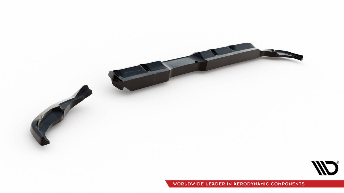 Nærbilde av rear diffuser i teksturert matt svart ABS-plast