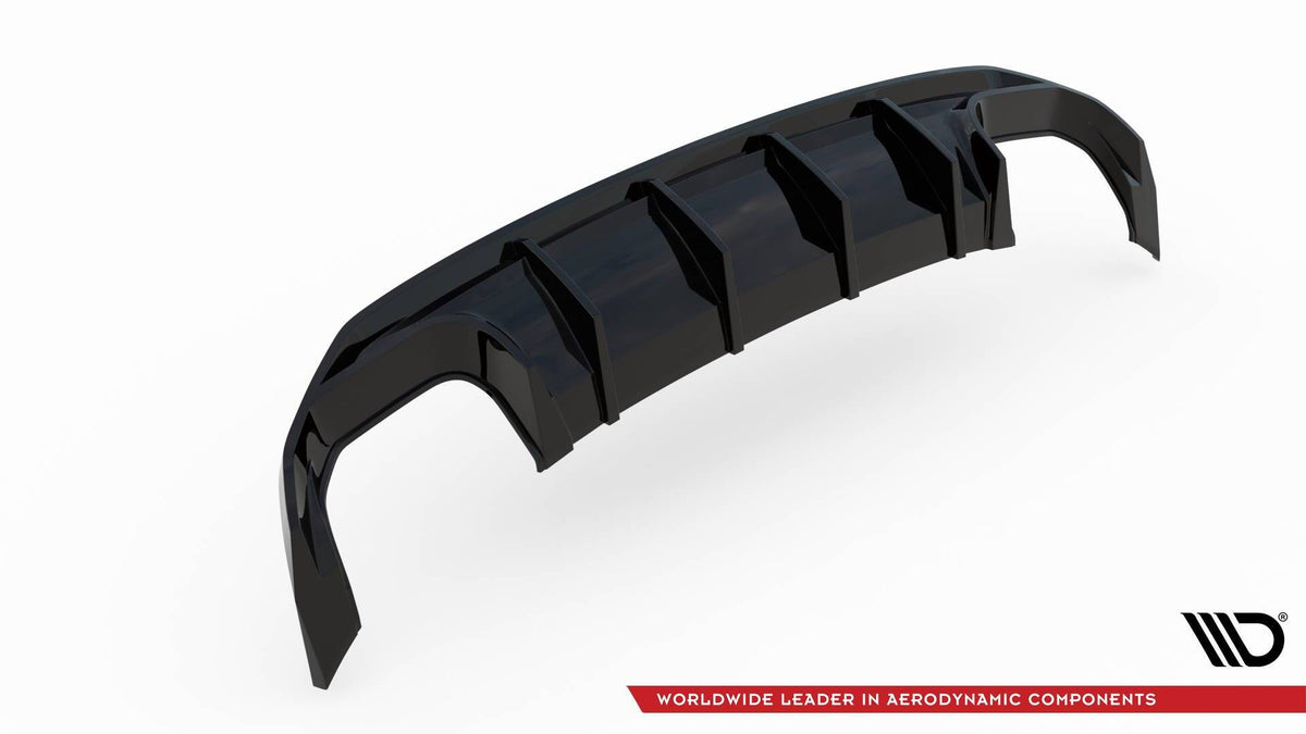 Designdetalj splittersett Audi A3 S-Line Sportback 8Y V.1 med skarpe linjer og glans sort finish
