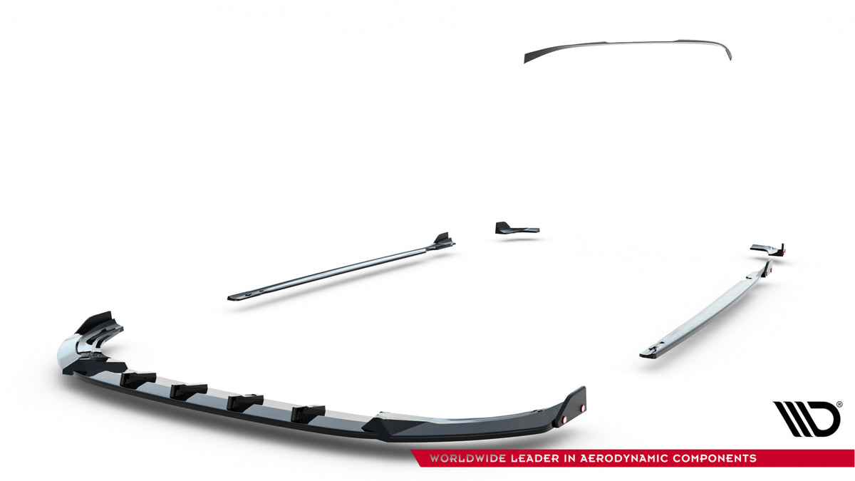 Front- og sideplitter V.3 til VW Golf 8 R Facelift – nærbilde av overflaten med blank svart finish