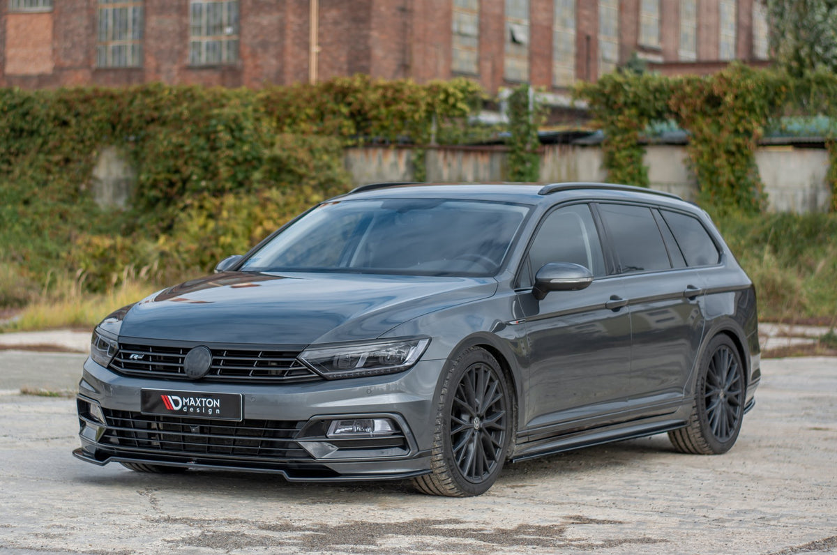 Maxton Design sideskjørt diffuser for Passat B8 R-Line, skrå vinkel forfra