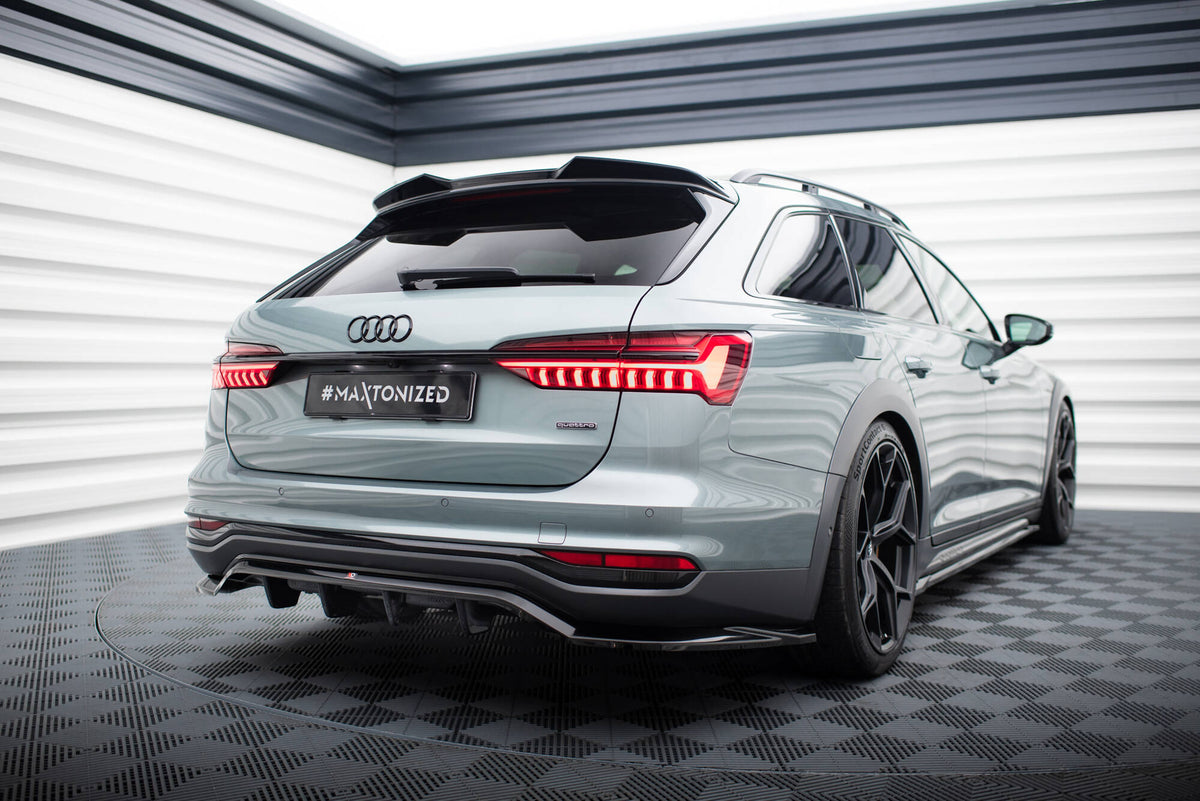Spoilerforlenger fra Maxton Design montert på Audi A6 Avant C8, skrå vinkel