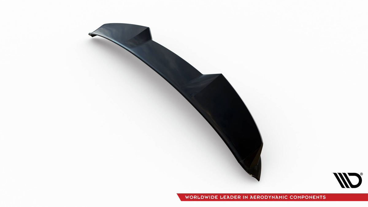Glossy svart Maxton Design spoiler i profil på blå Porsche Taycan Cross Turismo 4S