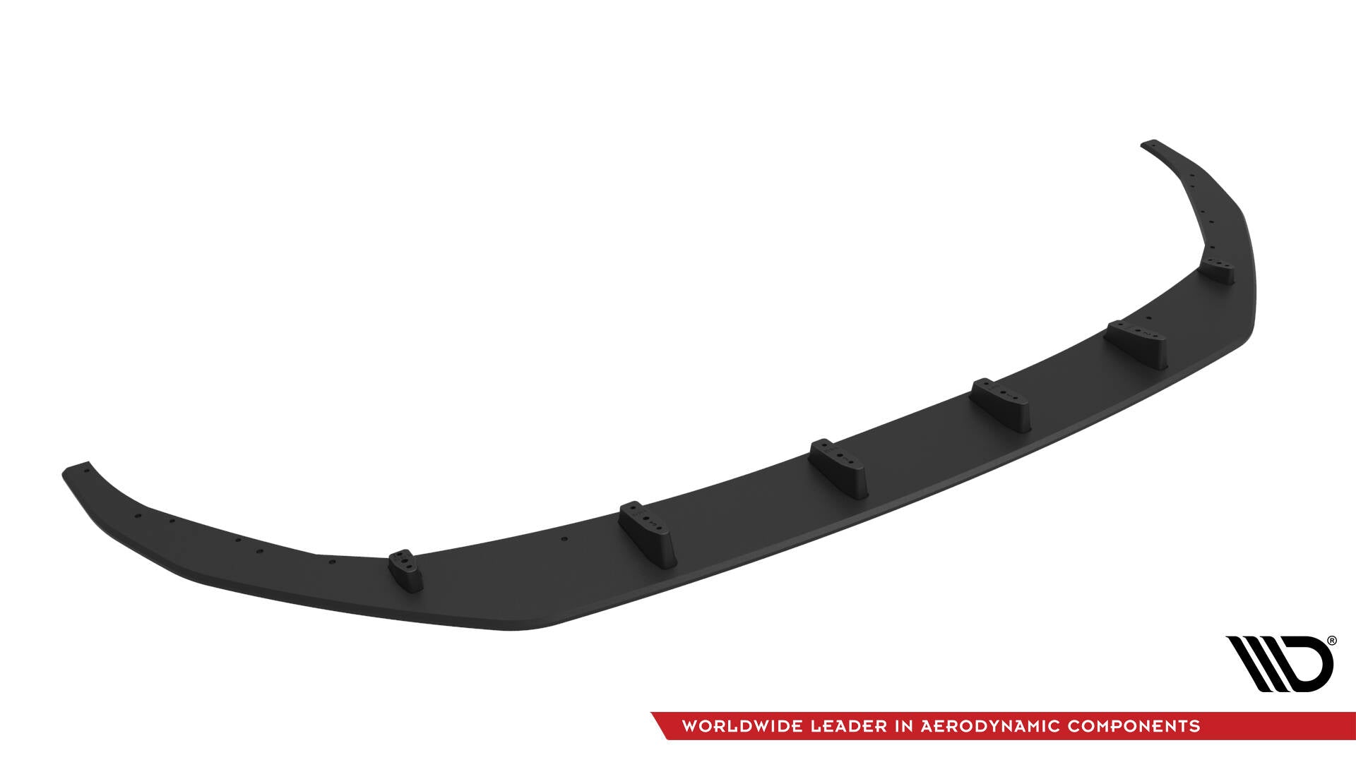 Front splitter til Audi S3 Sportback 8Y Facelift, sort plast med buet form og synlige monteringsfester.