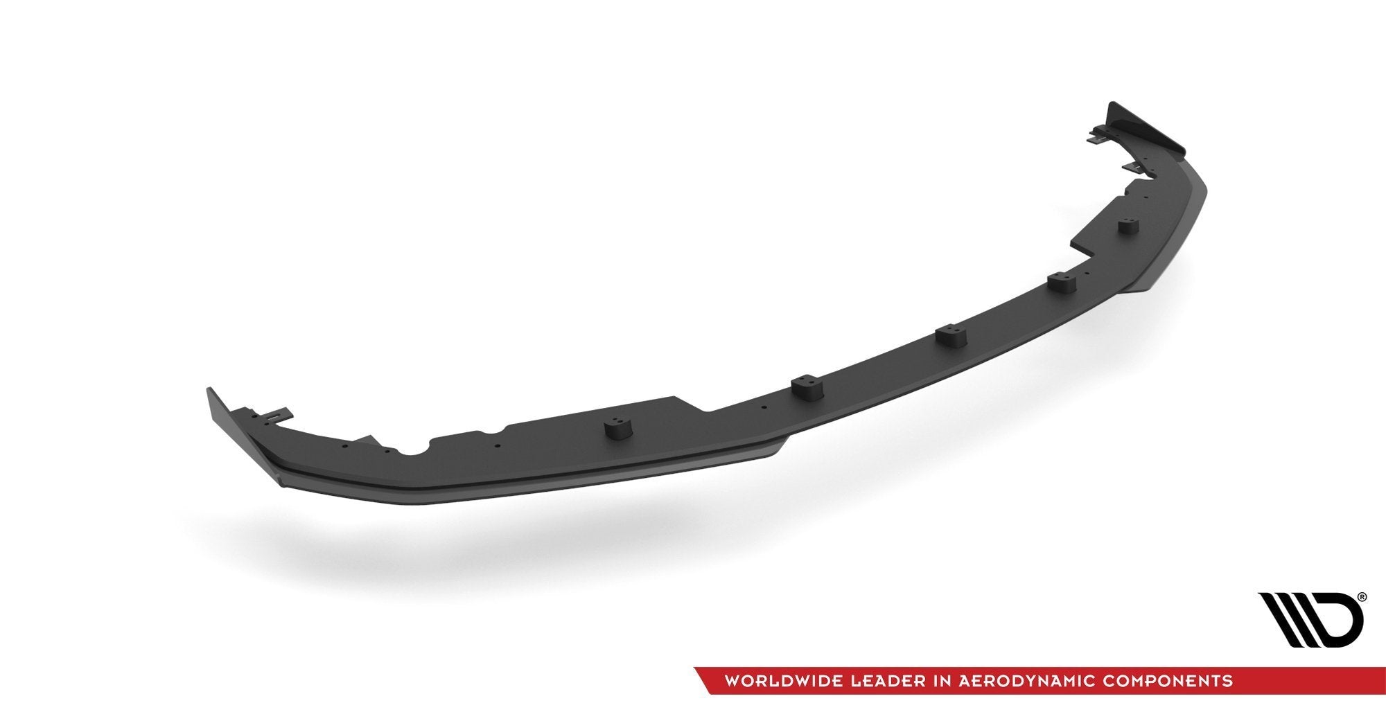 Front splitter til BMW 4 M-Pakke M440I G22 G23 Facelift, svart plastdel med flaps, sett forfra og ovenfra.