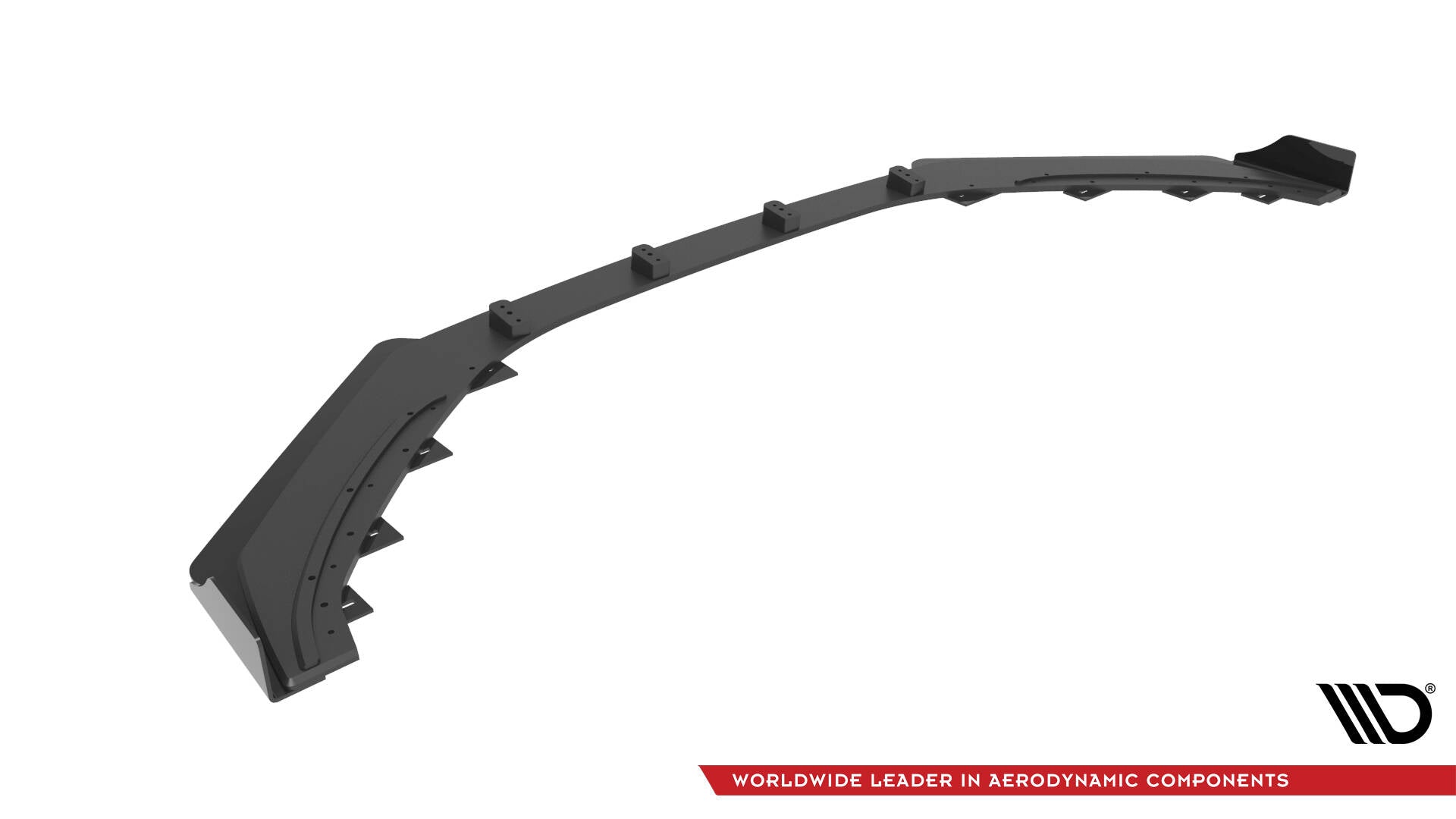 Front lip til Hyundai Veloster N MK2 med flaps, sort komponent sett fra skrå toppvinkel på hvit bakgrunn.