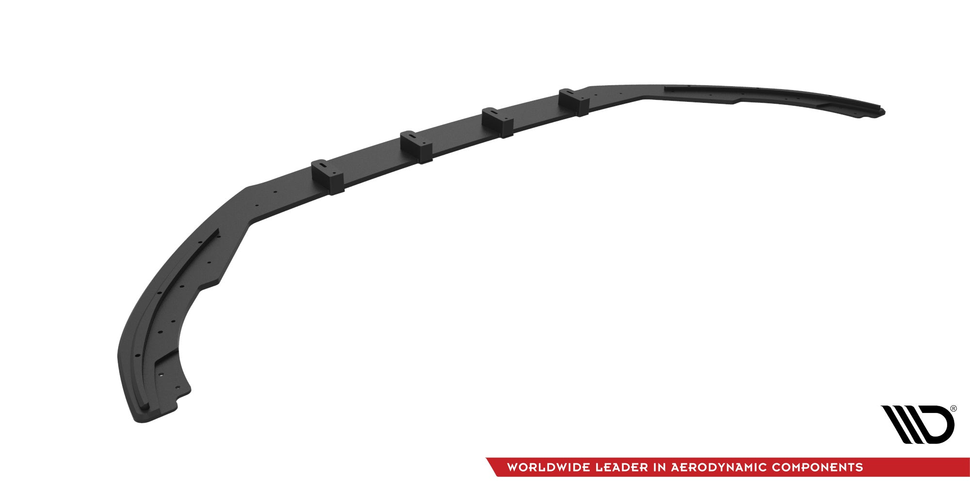Front lip til Ford Focus MK4 ST, svart buet spoiler med monteringsfester sett fra skrå vinkel.