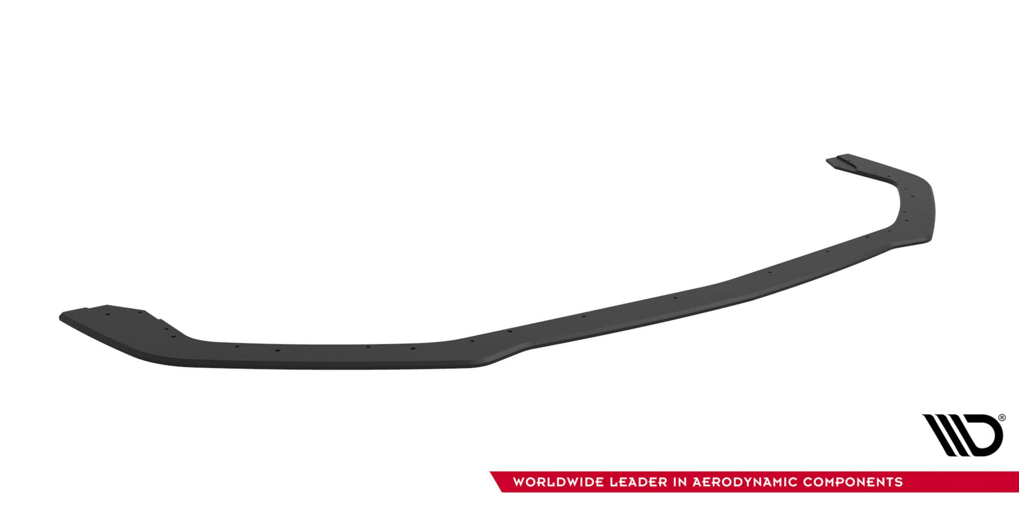 Front splitter til Ford Mustang GT MK6, sort plast med monteringshull, vist fra skrått overperspektiv.