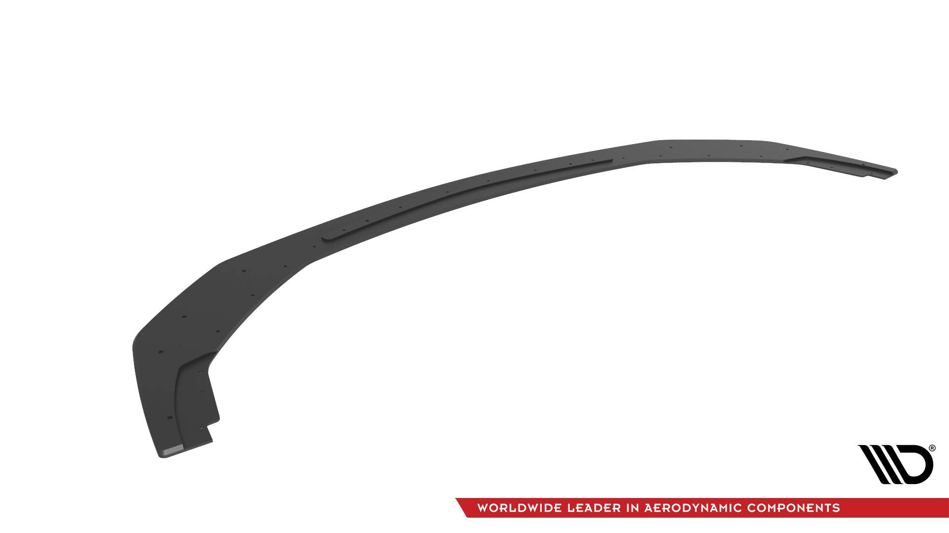 Front lip til Ford Mustang GT MK7 V1, sort plast med hull og forhøyet midtparti, skrå fuglevinkel.