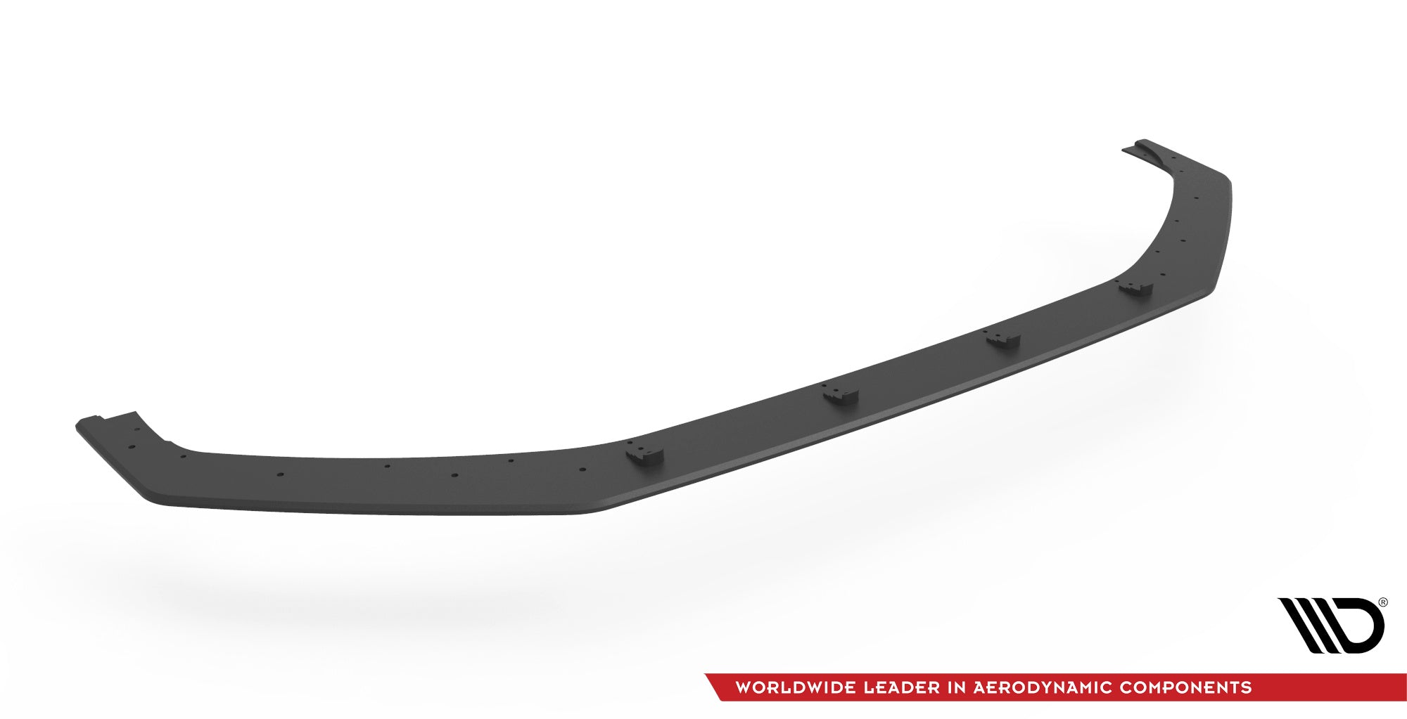 Front splitter til Hyundai I20 N MK3, svart buet komponent med synlige fester, sett skrått ovenfra.