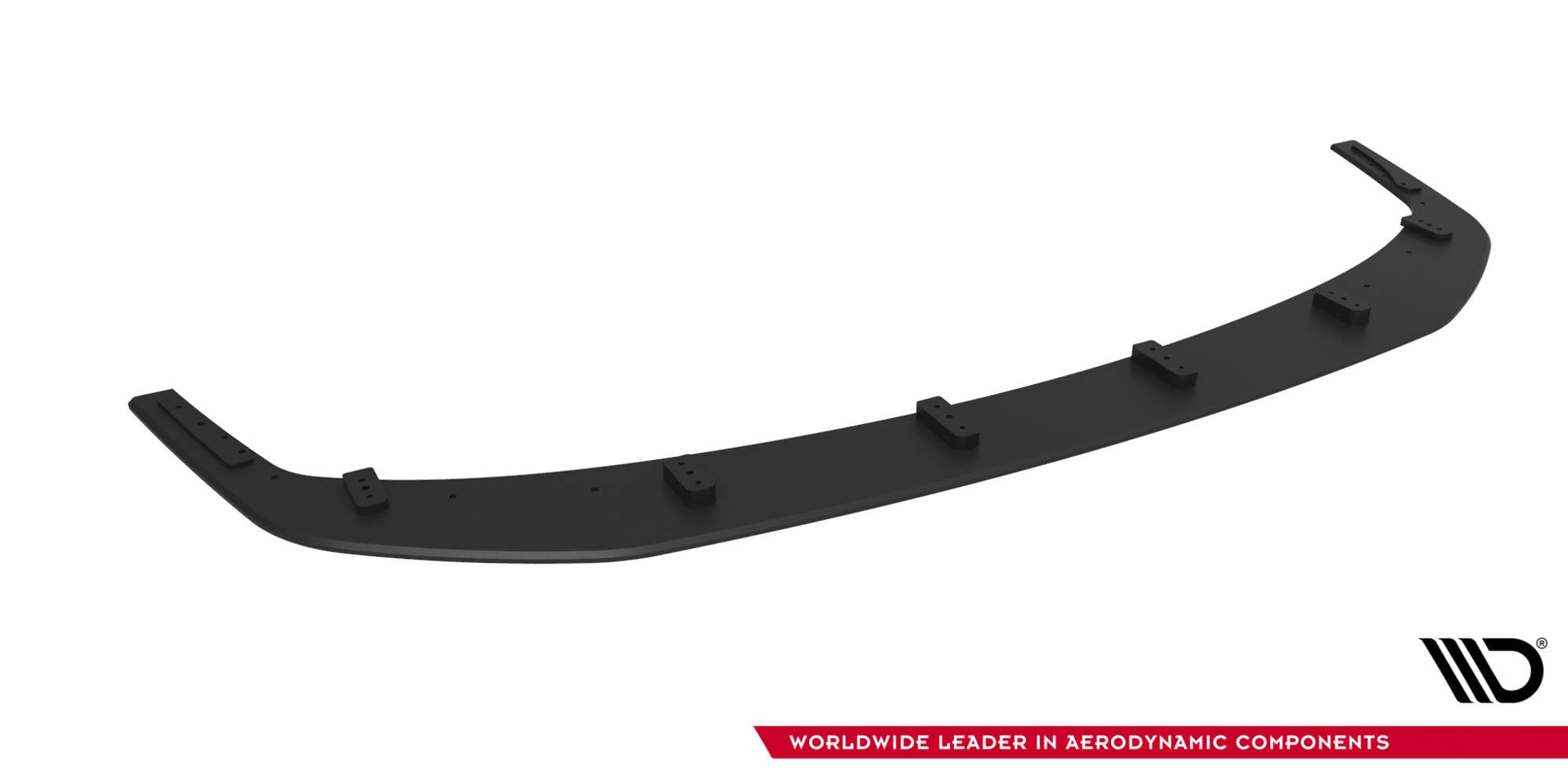 Front splitter til Mitsubishi Lancer Evo X Front V1, svart plast med hevede festepunkter, skrått fugleperspektiv.