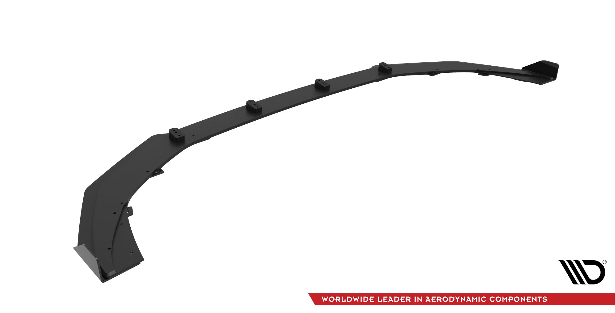 Front lip Audi RS3 8Y V.1, svart buet spoiler med monteringsfester, sett ovenfra mot hvit bakgrunn.