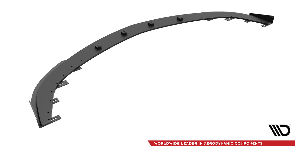 Frontspoiler Mazda 3 Mps MK1 V.1 sett skrått ovenfra med monteringspunkter og rød merkevaretekst.