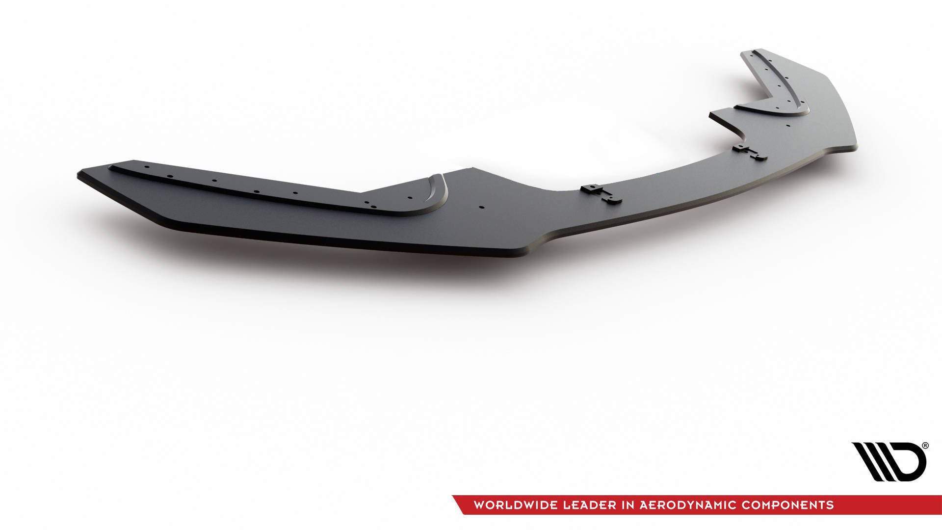 Front splitter til BMW 1 F20 M-Pakke Facelift, svart med synlige monteringspunkter, sett skrått forfra.