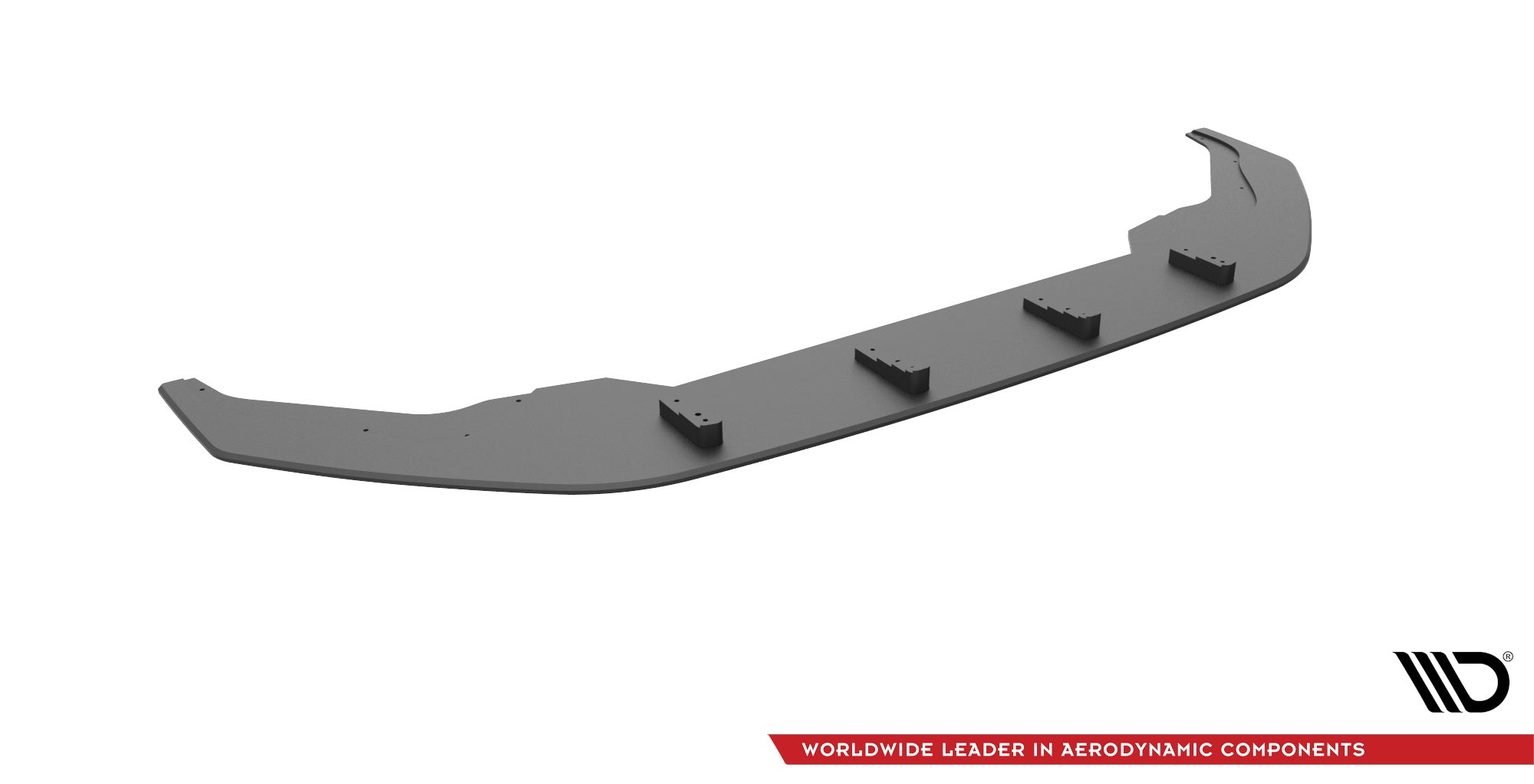 Front splitter til VW Arteon R i sort plast med fire synlige monteringspunkter, sett fra skrå vinkel.