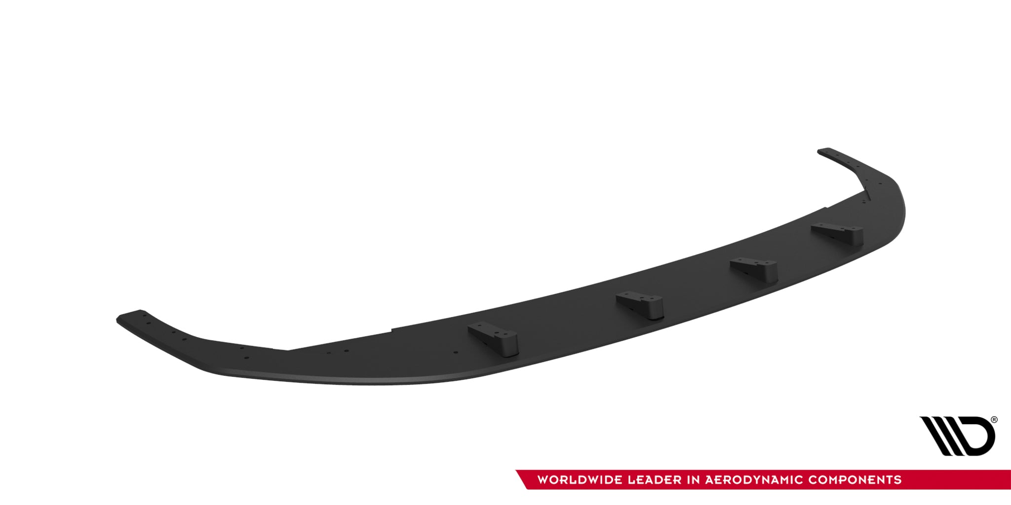 Front lip til VW Golf R MK8 Facelift V1, sort buet spoiler med synlige monteringspunkter, sett ovenfra.