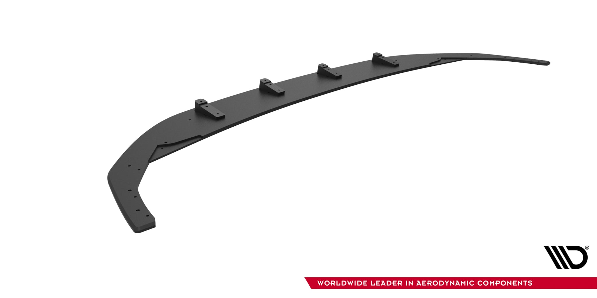 Frontspoiler VW Golf R MK8 Facelift V2 i svart metall med fire fester, skrå vinkel mot hvit bakgrunn.