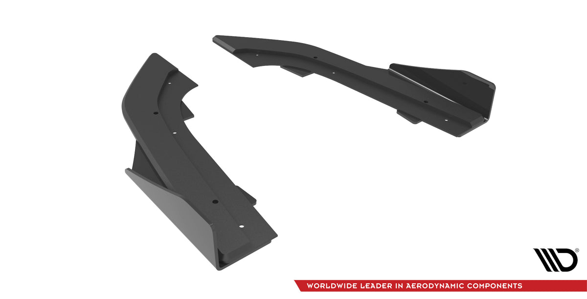 Detaljbilde av sideflap i matt sort plassert ved bakre hjulbue på Audi RS3 Sedan 8Y