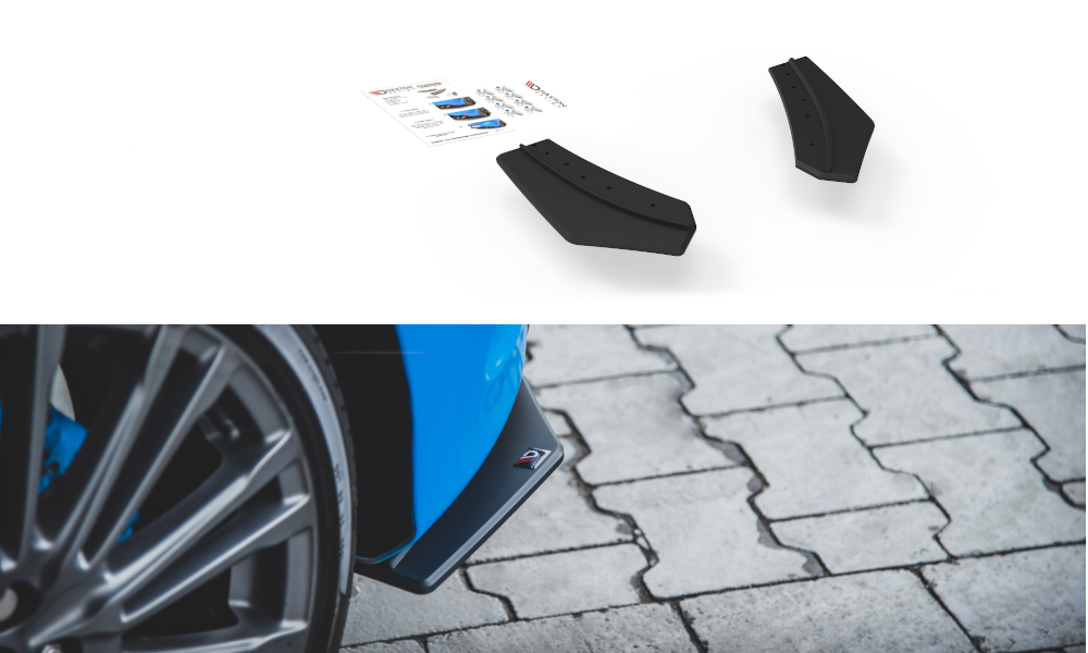 Bakre sidesplittere til Ford Focus RS MK3 vist ovenfra med monteringsutstyr
