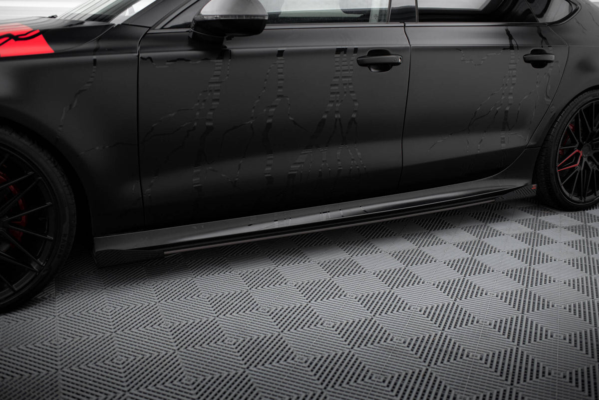 Street Pro sideskjørt diffusorer med flaps for Audi A7 C7 RS7 Look, skrå vinkel forfra