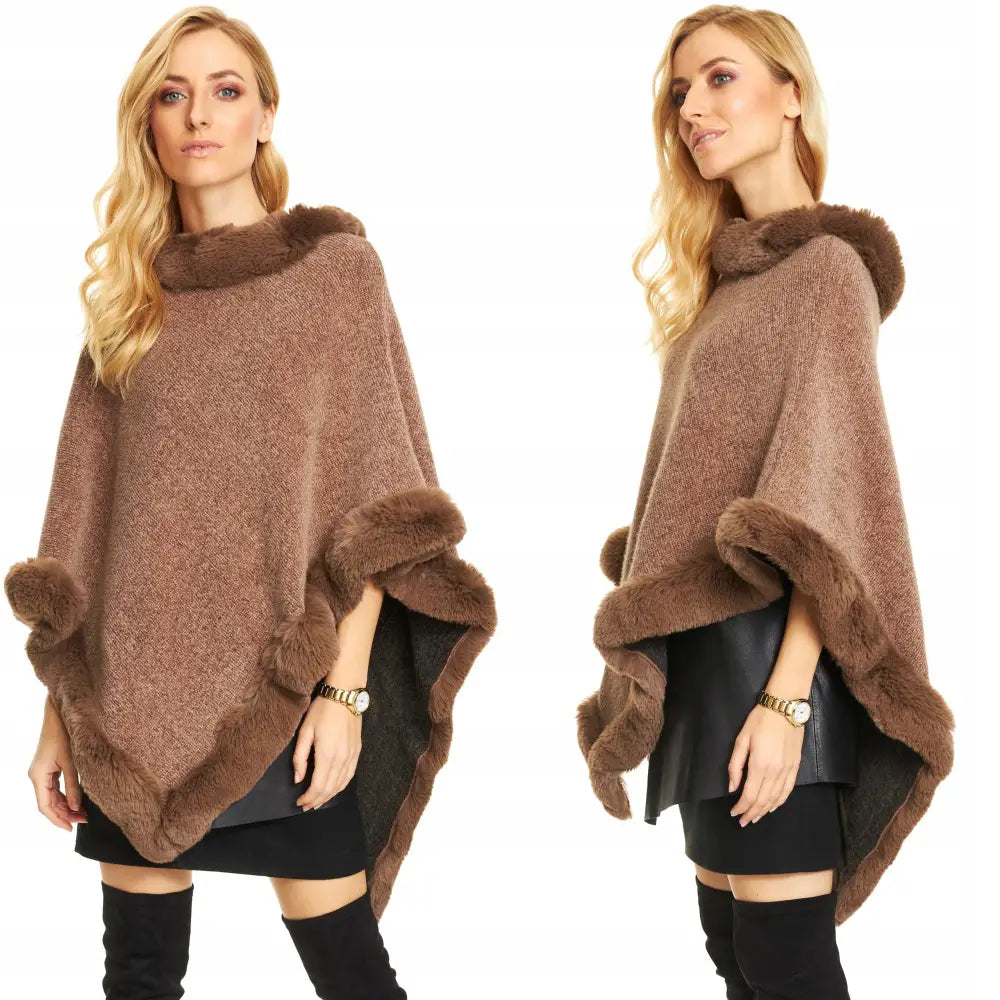 Poncho Med Pelsimitasjon i Strikket Stoff Lang Beige - 1