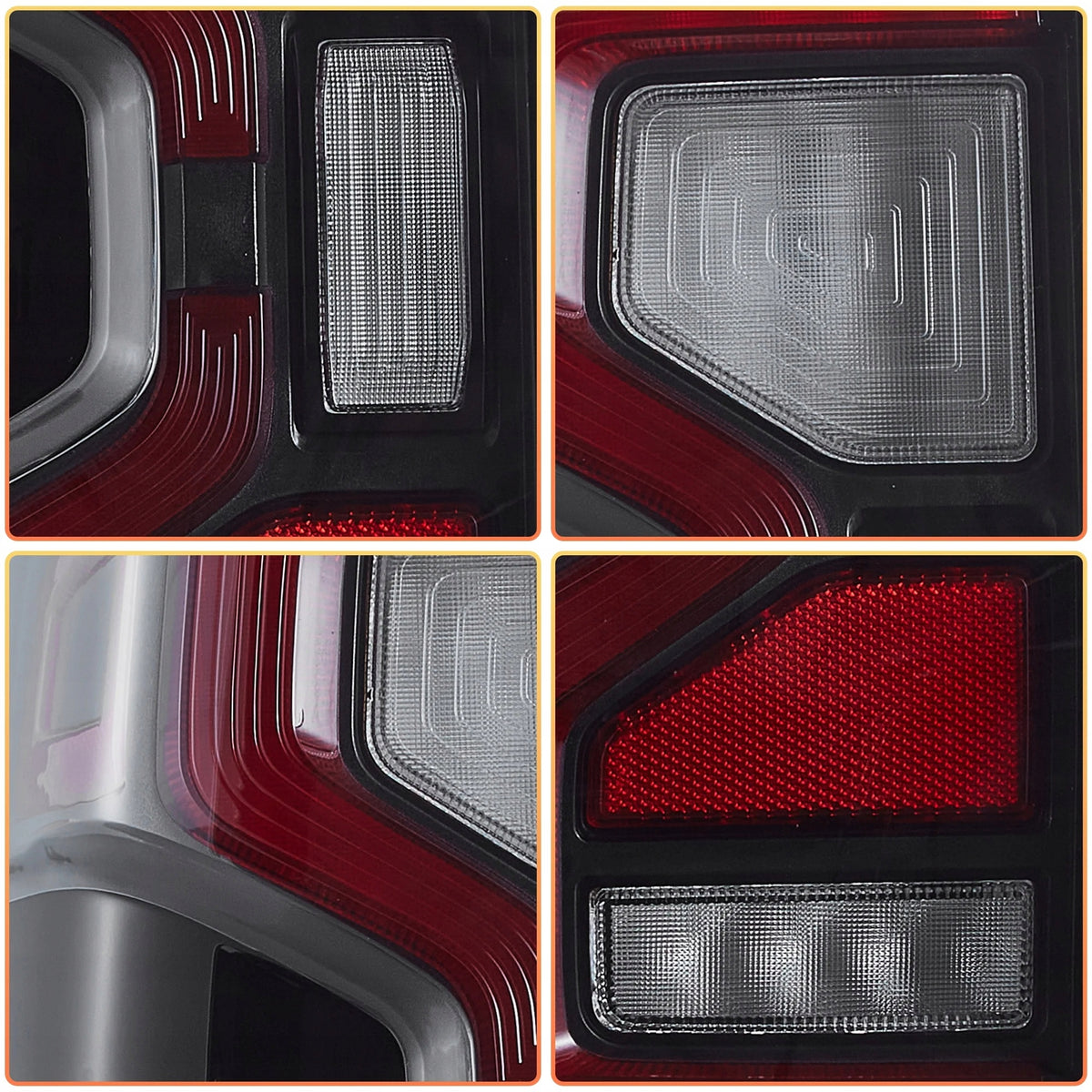 Detaljer av klart glass, rød refleks og LED-felt på Ranger-baklykten.