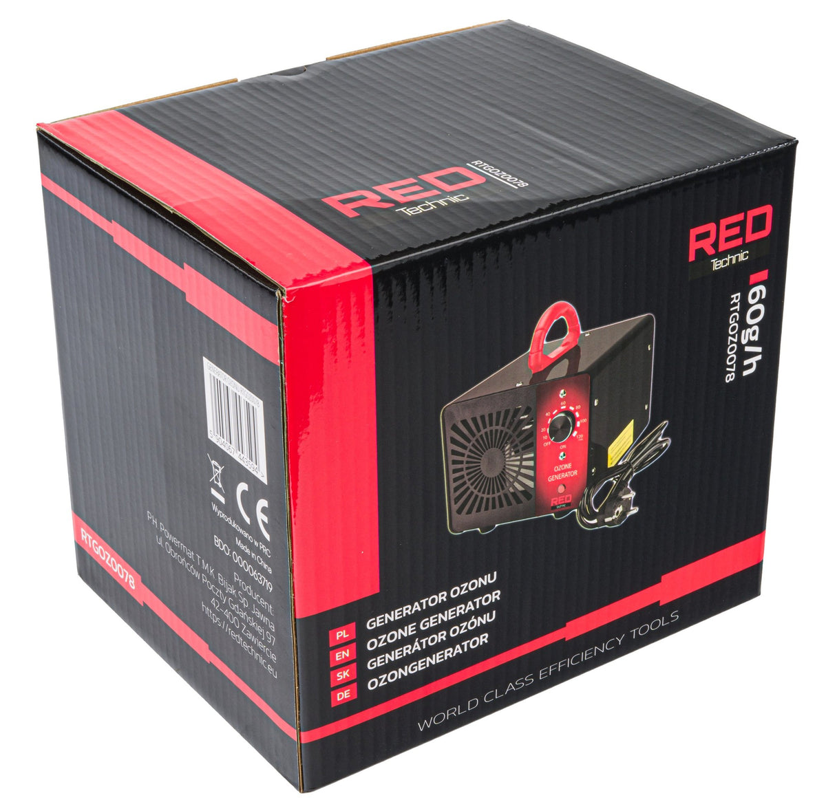 Ozongenerator Red Technic 60 g/t i sort og rød eske sett i tre kvart vinkel med produktbilde
