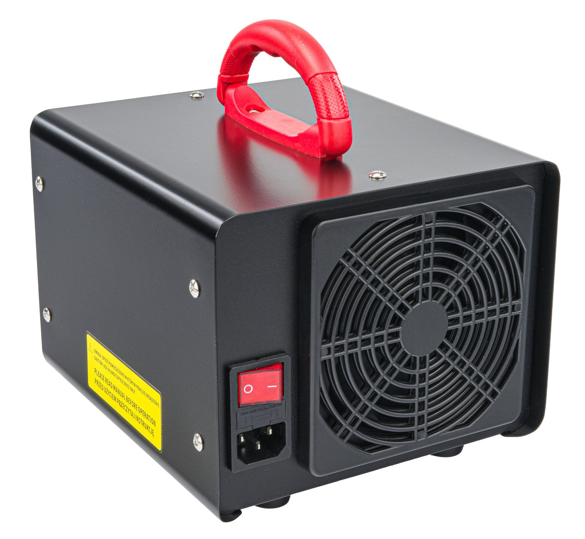 Ozongenerator Red Technic sett bakfra med rødt håndtak, viftegrill, strømbryter og varselmerke