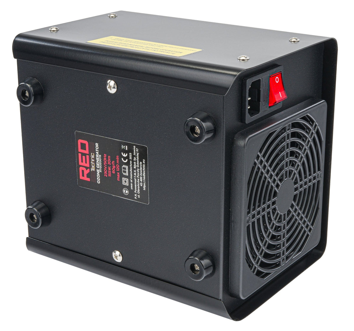 Ozongenerator Red Technic sett fra baksiden med kjølevifte, strøminntak og rød av/på-bryter