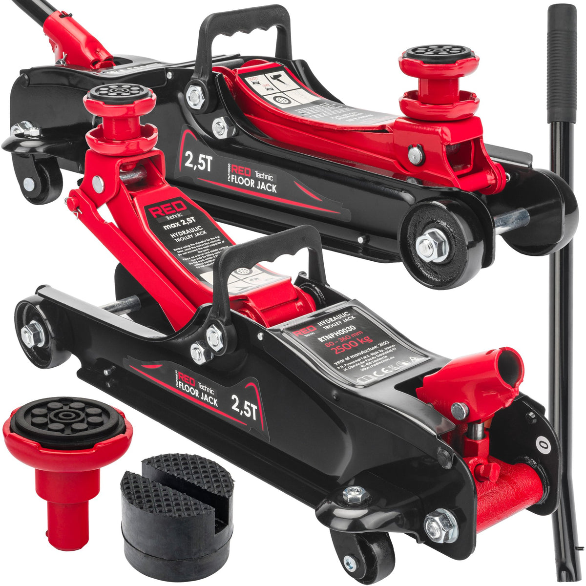 Garasjejekk Red Technic 2,5T fra flere vinkler med løftepute, gummipute med spor og håndtak