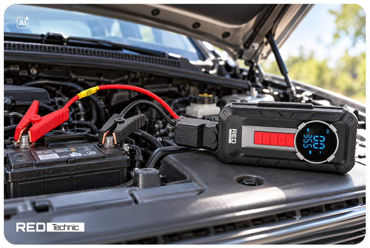 Startbooster Red Technic med innebygd kompressor for fylling av dekk
