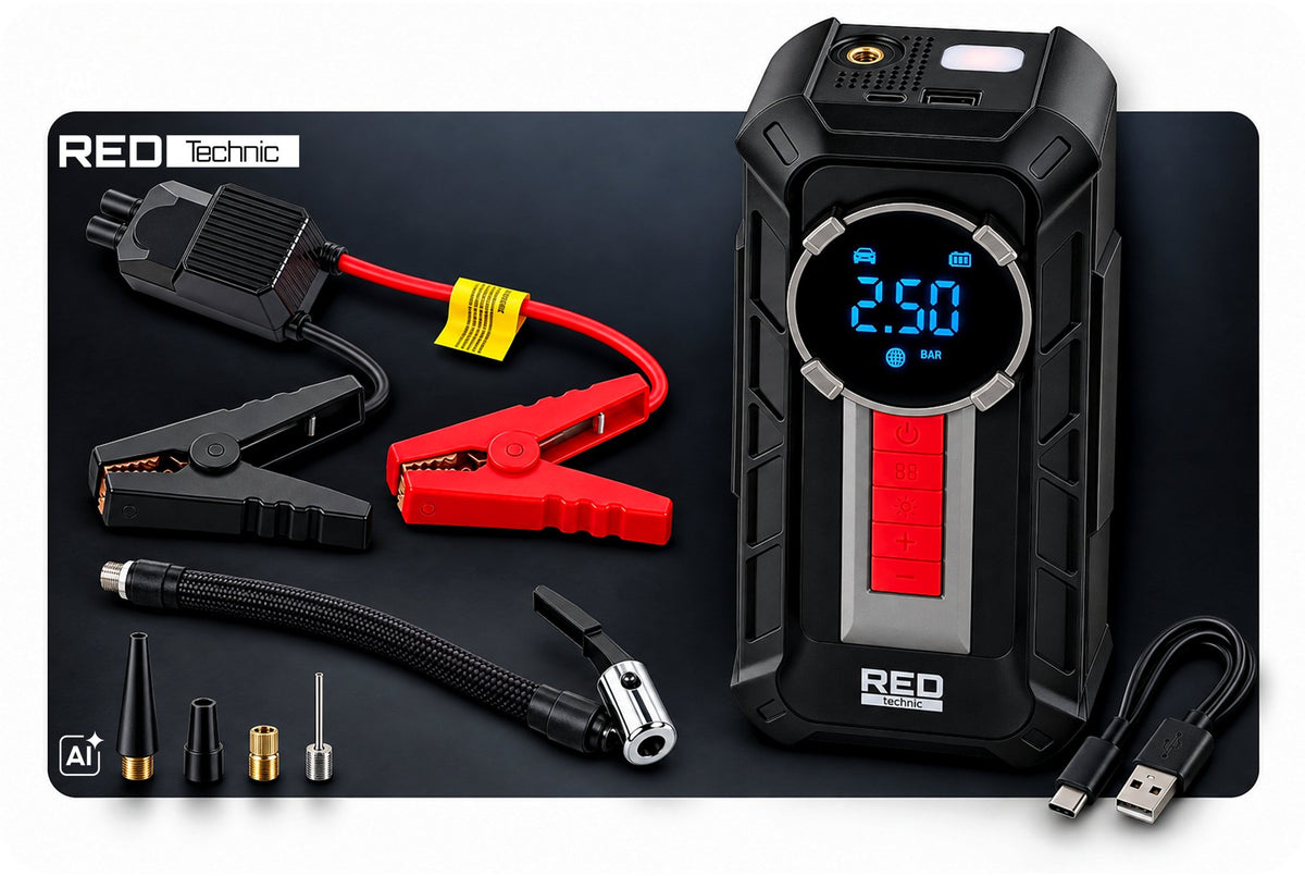 Startbooster Red Technic med startkabler, luftslange og pumpeadaptere